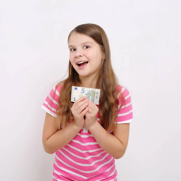 Linda Menina Adolescente Caucasiana Segurando Euro — Fotografia de Stock