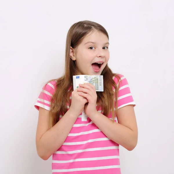 Linda Menina Adolescente Caucasiana Segurando Euro — Fotografia de Stock