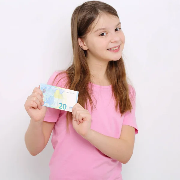Piękna Nastolatka Dziewczynka Kaukaski Holding Euro — Zdjęcie stockowe