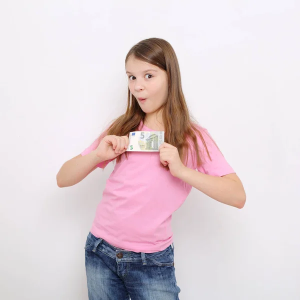 Linda Menina Adolescente Caucasiana Segurando Euro — Fotografia de Stock