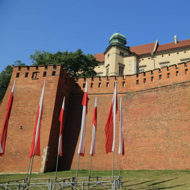 Krakow, Polonya - 1 Ağustos 2017: Wawel hill Katedrali ve Kalesi ile. Wawel Kalesi karmaşık bir tarihi mimari antik kentin merkezidir.