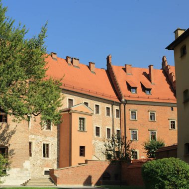 Krakow, Polonya - 1 Ağustos 2017: Wawel hill Katedrali ve Kalesi ile. Wawel Kalesi karmaşık bir tarihi mimari antik kentin merkezidir.