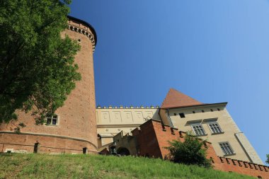 Krakow, Polonya - 1 Ağustos 2017: Wawel hill Katedrali ve Kalesi ile. Wawel Kalesi karmaşık bir tarihi mimari antik kentin merkezidir.