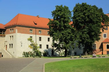 Krakow, Polonya - 1 Ağustos 2017: Wawel hill Katedrali ve Kalesi ile. Wawel Kalesi karmaşık bir tarihi mimari antik kentin merkezidir.