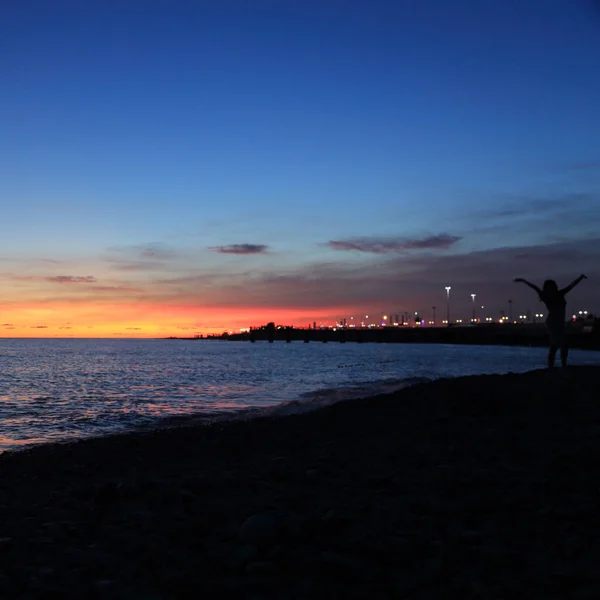 Silhouette People Black Sea Seaside Sochi Summer Sunset Time Russian — Stock Photo, Image