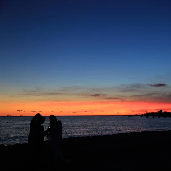 Silhouette People Black Sea Seaside Sochi Summer Sunset Time Russian — Stock Photo, Image