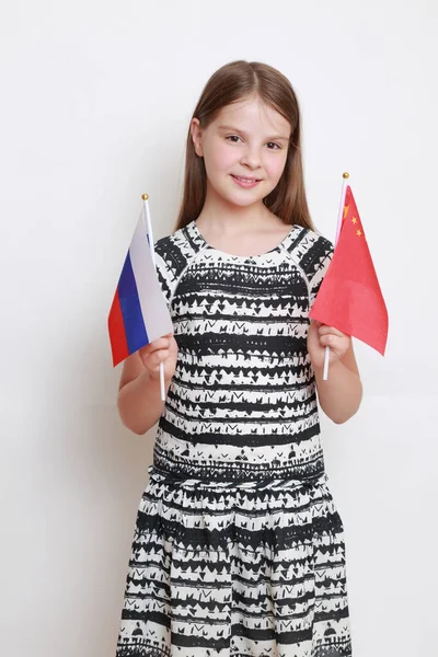 Bella Bambina Bandiera Della Cina Della Federazione Russa Tema Della — Foto Stock