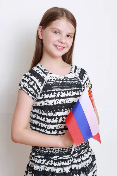 Belle Petite Fille Drapeau Chine Fédération Russie Thème Coopération — Photo