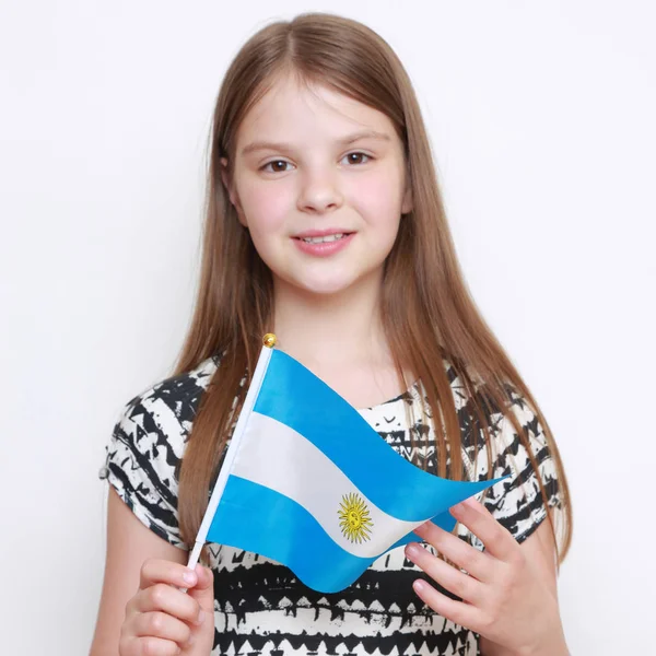 Kavkazská Holčička Vlajka Kazachstánu — Stock fotografie