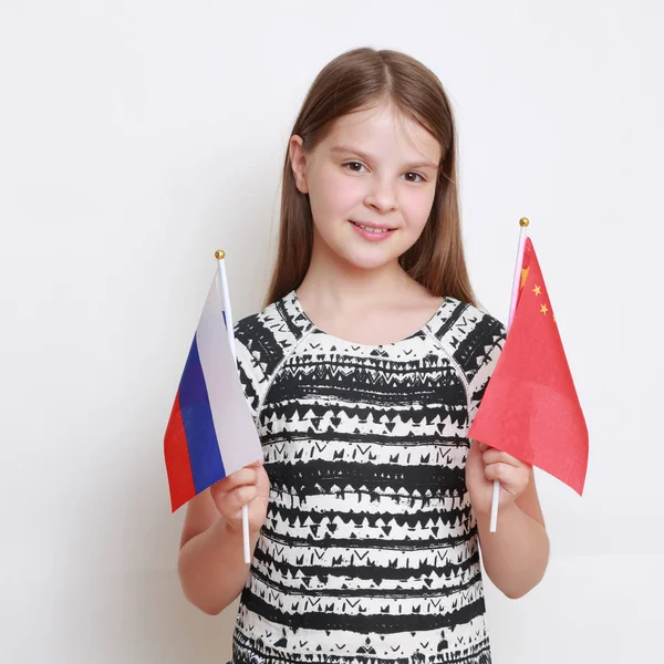 Beautiful Little Girl Flag China Russian Federation Theme Cooperation — Stock Photo, Image