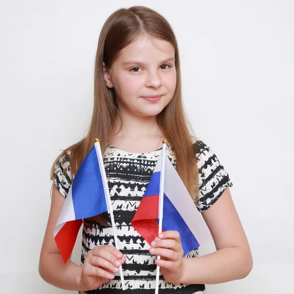 Caucasian Girl Holding Flags Russian Federation France — Stock Photo, Image