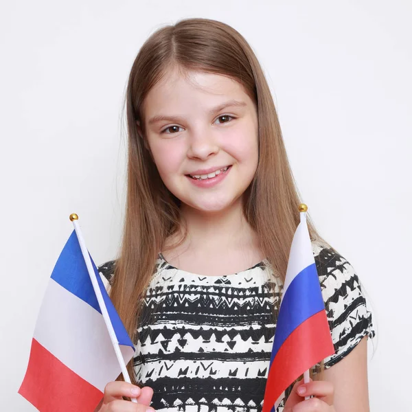 Ragazza Caucasica Con Bandiere Della Federazione Russa Della Francia — Foto Stock