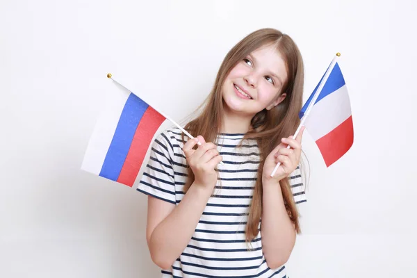 Caucasian Girl Holding Flags Russian Federation France — Stock Photo, Image