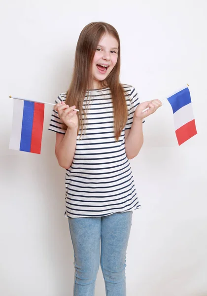 Caucasian Girl Holding Flags Russian Federation France — Stock Photo, Image