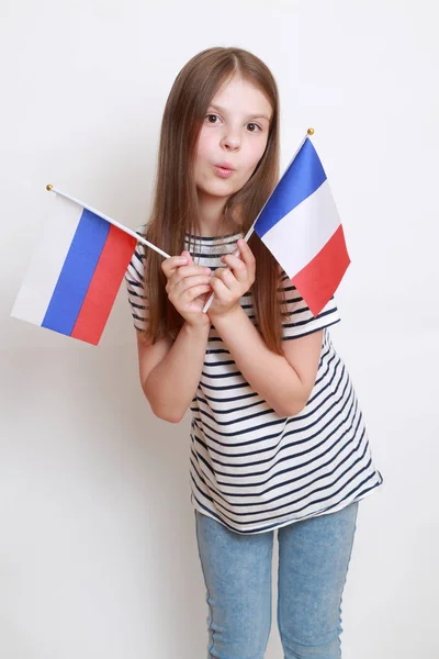 Caucasian Girl Holding Flags Russian Federation France — Stock Photo, Image