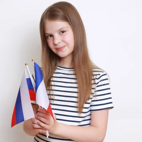 Caucasian Girl Holding Flags Russian Federation France — Stock Photo, Image