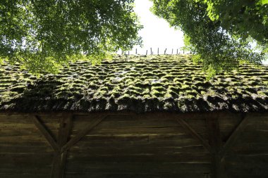 Polonya 'da geleneksel ahşap evde saman çatı.