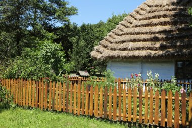 Polonya 'da geleneksel ahşap evler. Kırsaldaki otantik ve tarihi kır evleri. Polonya köyündeki etnografik binalar..