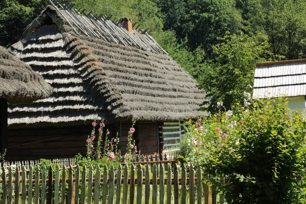 波兰传统的木制房屋 乡村真实的 古老的村舍 光彩夺目的村落中的民族志建筑 — 图库照片