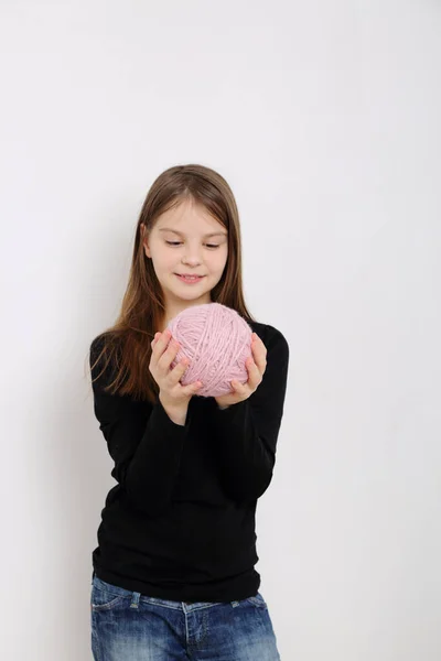Girl Holding Ball Wool Knitting — Stock Photo, Image