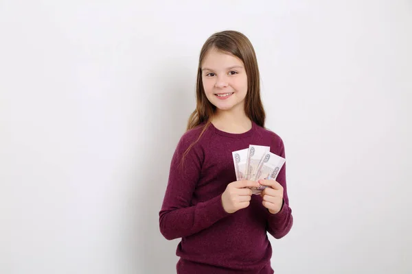 Smart Russian Teen Girl Holding Rubles Cash Money Russian Federation — Stock Photo, Image