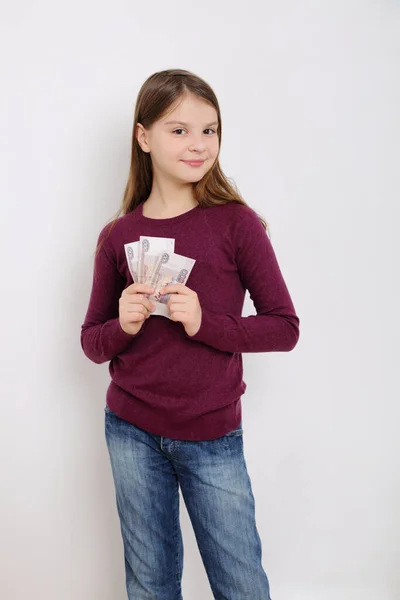 Smart Russian Teen Girl Holding Rubles Cash Money Russian Federation — Stock Photo, Image