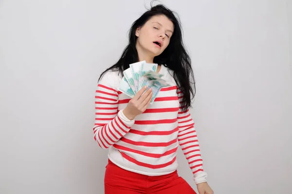 Caucasian Woman Holding Some Thousands Rubles Cash Money Russian Federation — Stock Photo, Image