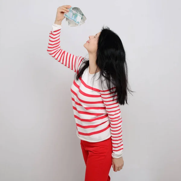 Caucasian Woman Holding Some Thousands Rubles Cash Money Russian Federation — Stock Photo, Image