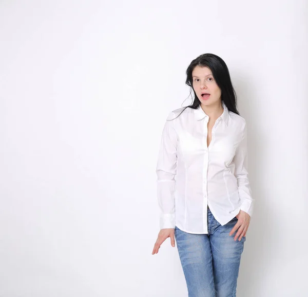 Caucasian Woman Studio Portrait Posing Model Woman White Elegant Blouse — Stock Photo, Image