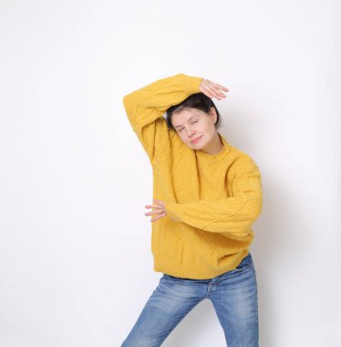 Funny emotional caucasian woman studio portrait/Joyful woman posing on camera