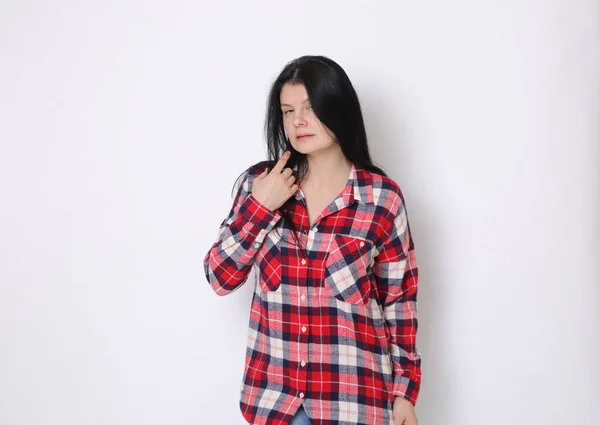 Atraktivní Kavkazská Američanka Červené Kostkované Košili Západní Styl — Stock fotografie