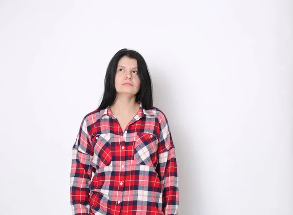 Attraktiv Kaukasisk Amerikansk Kvinna Röd Rutig Skjorta Västerländsk Stil — Stockfoto