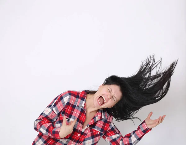 Aantrekkelijke Blanke Amerikaanse Vrouw Een Rood Geruit Shirt Westerse Stijl — Stockfoto