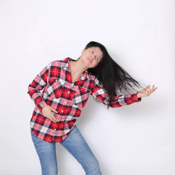 Attractive Caucasian American Woman Red Plaid Shirt Western Style — Stock Photo, Image