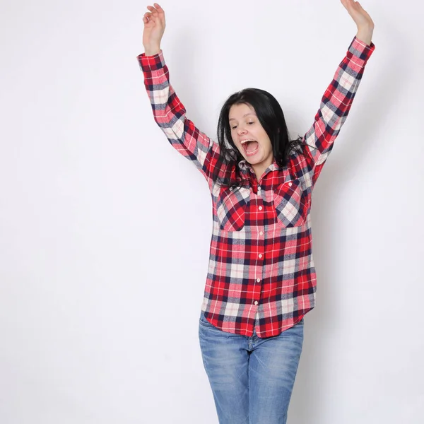 Mulher Americana Caucasiana Atraente Uma Camisa Xadrez Vermelho Estilo Ocidental — Fotografia de Stock