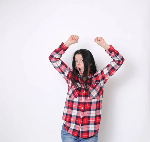 Belle Femme Américaine Caucasienne Dans Une Chemise Carreaux Rouges Style — Photo