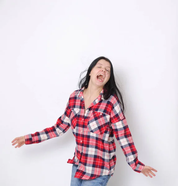 Aantrekkelijke Blanke Amerikaanse Vrouw Een Rood Geruit Shirt Westerse Stijl — Stockfoto