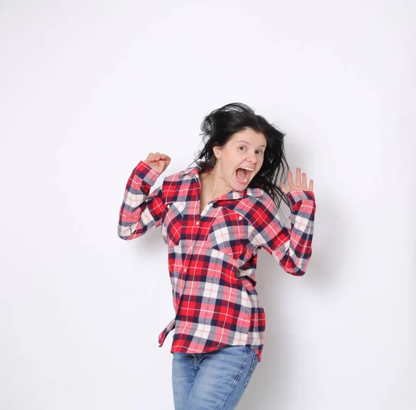 Aantrekkelijke Blanke Amerikaanse Vrouw Een Rood Geruit Shirt Westerse Stijl — Stockfoto
