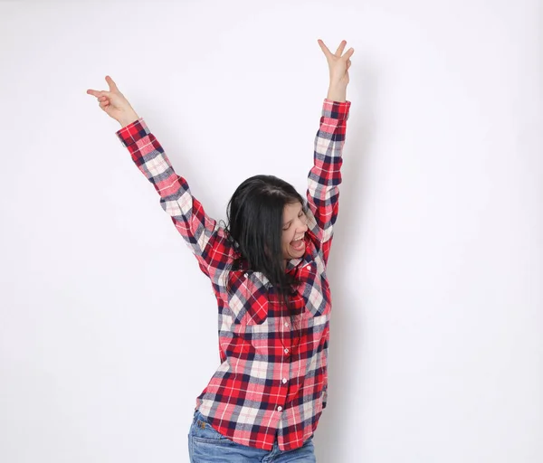 Mulher Americana Caucasiana Atraente Uma Camisa Xadrez Vermelho Estilo Ocidental — Fotografia de Stock