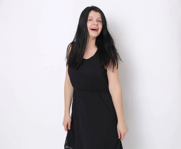 Caucasian Woman Elegant Small Black Dress Joyful Woman Posing Camera — Stock Photo, Image