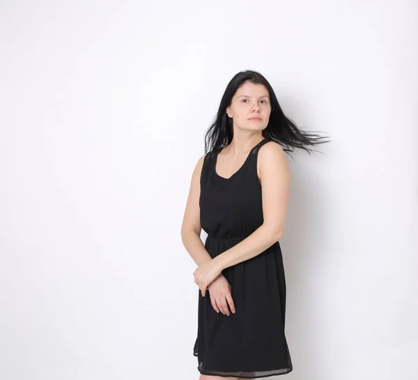 Caucasian Woman Elegant Small Black Dress Joyful Woman Posing Camera — Stock Photo, Image