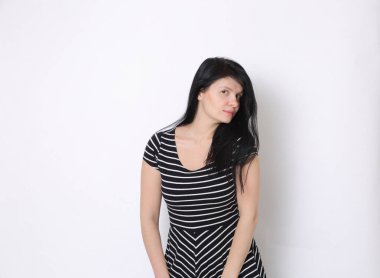 Funny emotional caucasian woman studio portrait/Joyful woman posing on camera