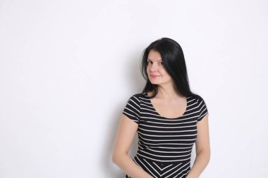 Funny emotional caucasian woman studio portrait/Joyful woman posing on camera