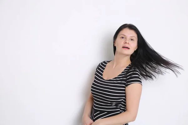 Funny Emotional Caucasian Woman Studio Portrait Joyful Woman Posing Camera — Zdjęcie stockowe