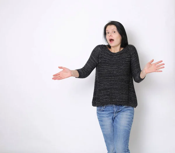 Funny Emotional Caucasian Woman Studio Portrait Joyful Woman Posing Camera — Zdjęcie stockowe