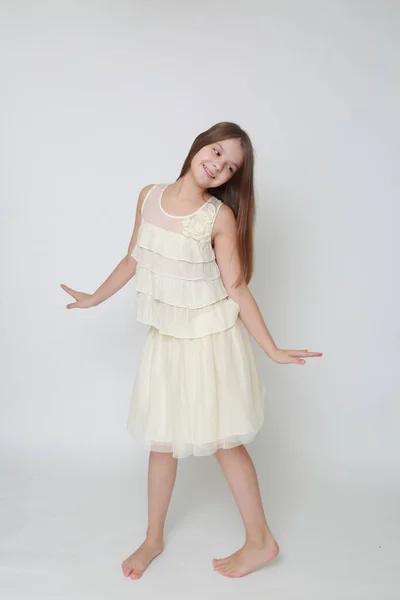 Studio Image Happy Emotional Caucasian Little Girl Moving Dancing — Stock Photo, Image