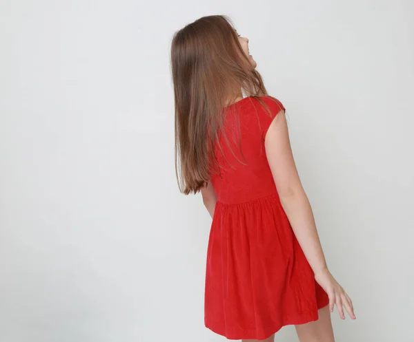Emotional Little Girl Wearing Red Dress — Stock Photo, Image