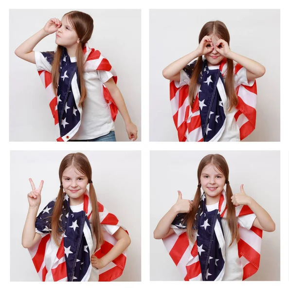 Conjunto Imagens Retrato Menina Americana Com Bandeira Dos Eua Colagem — Fotografia de Stock