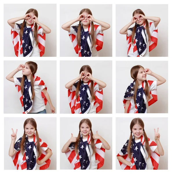Малюнок Зображенням Американської Маленької Дівчинки Прапором Сша Колаж Фотографій — стокове фото