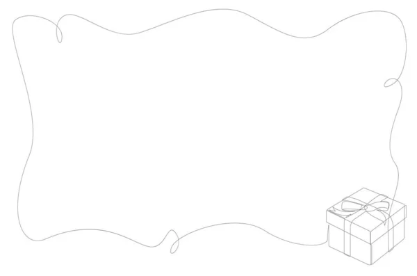 Rahmen mit einem Geschenkkarton in der Ecke. Durchgehende Linienzeichnung der Geschenkbox mit Schleife. Vorlage für Ihre Designarbeiten. minimale Stilvektorillustration. — Stockvektor